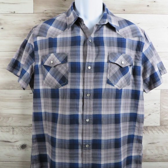 Urban Pipeline* Men's Short Sleeve Snap Button Down Curved Hem Plaid Shirt~Large - Picture 1 of 12